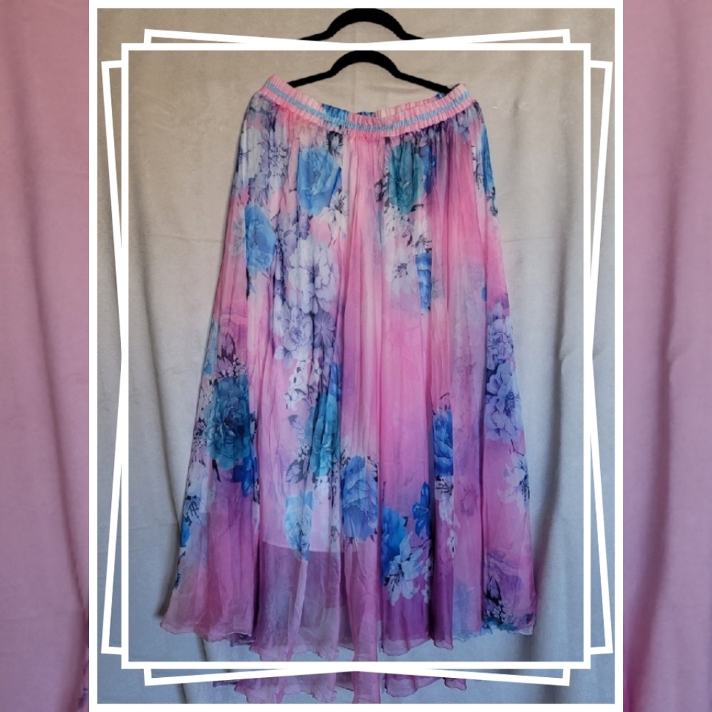 XL Pink Chiffon floor length flowing skirt, lined